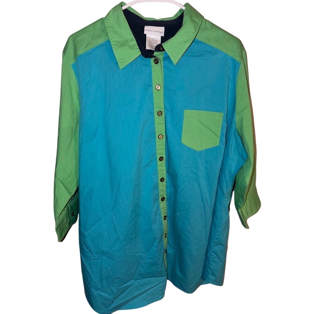 Soft Surroundings Womens 1X Colorblock Button Down Shirt Turquoise Lime Green